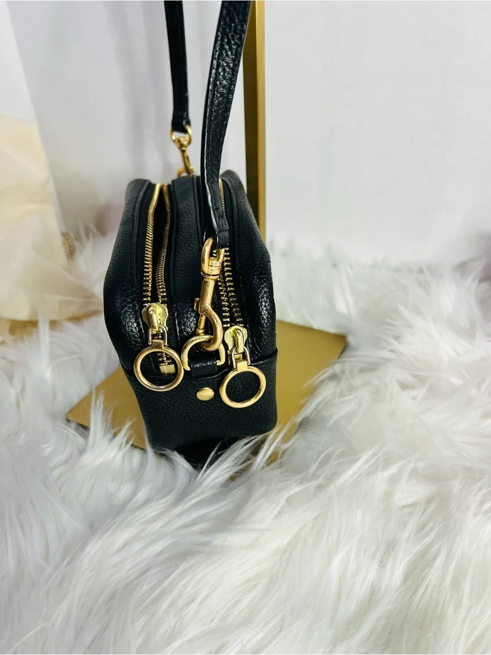Tory Burch Black Pebbled Leather Perry Bombe Mini Crossbody with Gold Hardware
